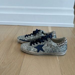 38 New with Tag Golden Goode Sneakers Navy Suede Laces Metallic Glitter